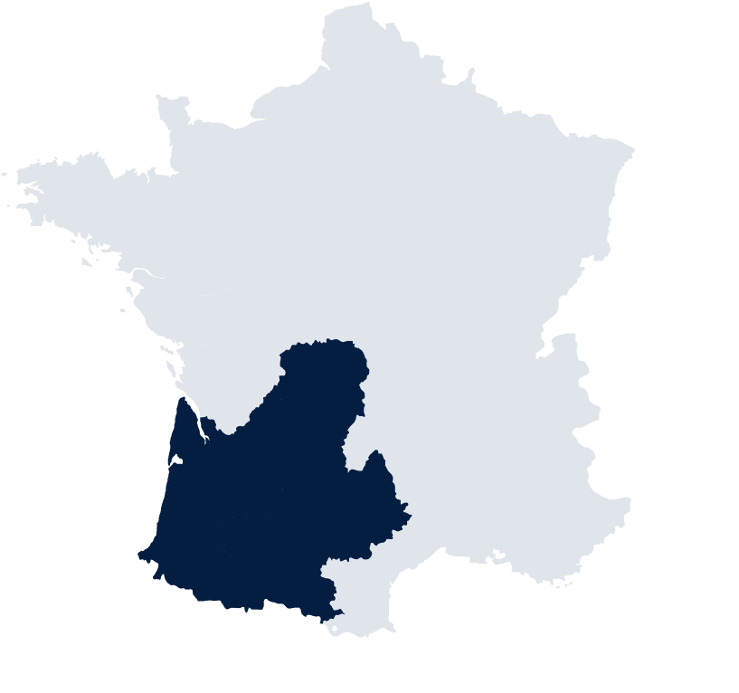Région Nouvelle-Aquitaine sur la Carte de France Carte de France avec la région Nouvelle-Aquitaine mise en évidence en bleu foncé sur fond gris clair.