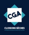 Logo CGA Cloisons Sèches : plâtrerie sèche, isolation et faux plafond sur fond bleu et turquoise.