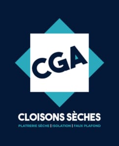 CGA Cloisons Sèches : Expert Plâtrerie, Isolation et Plafond Logo CGA Cloisons Sèches : plâtrerie sèche, isolation et faux plafond sur fond bleu et turquoise.